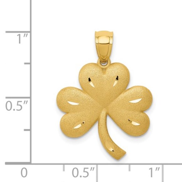 14k Yellow Gold Brushed Finish  Diamond-cut 3-Leaf Clover Shamrock Charm Pendant - Picture 4 of 4